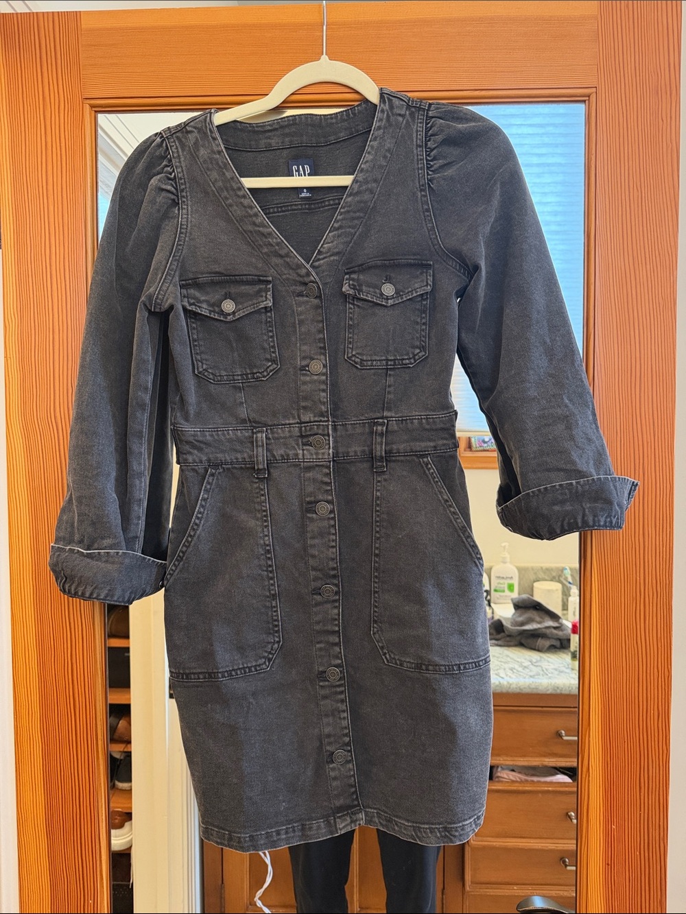 GAP Black Washed Denim Button-Front Dress